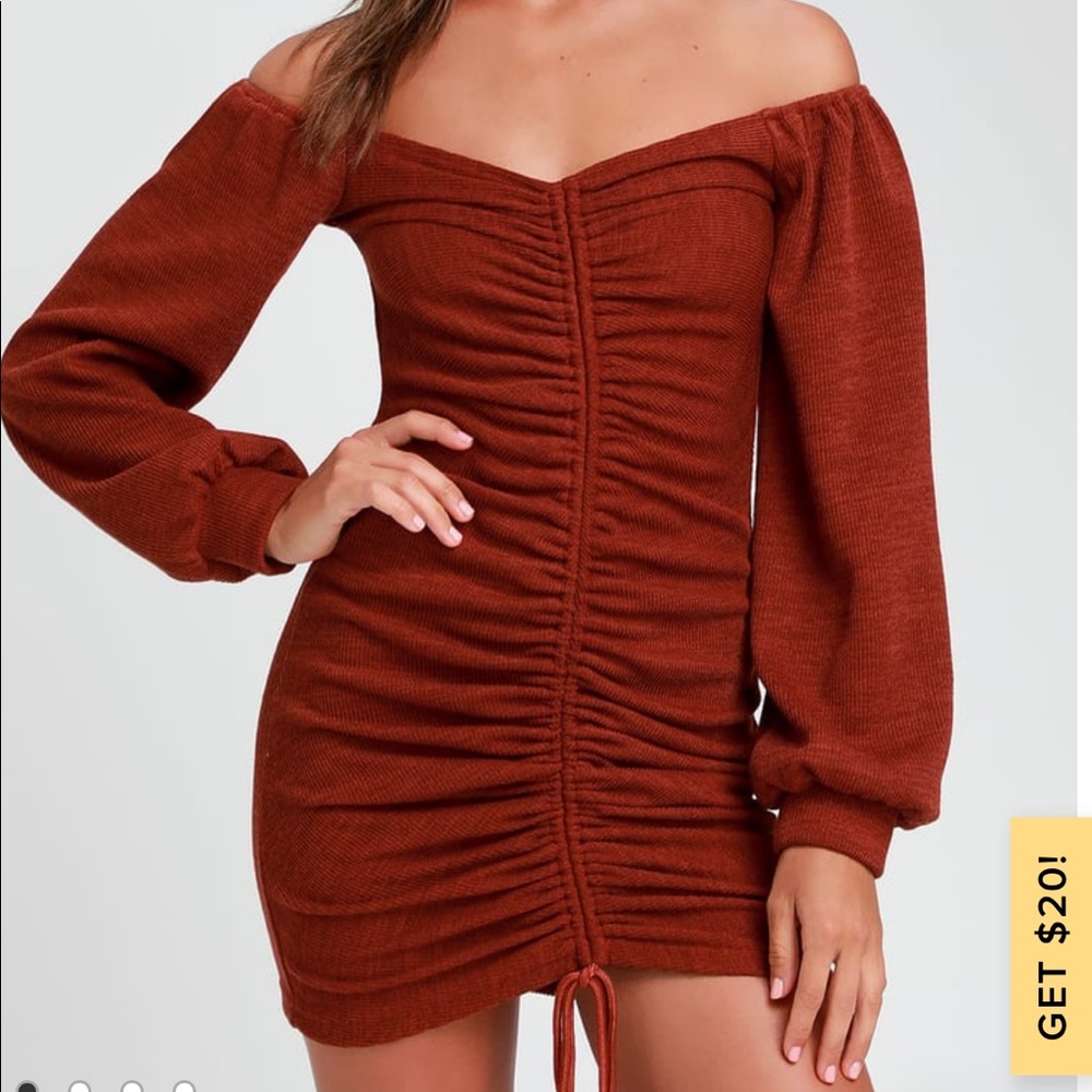 Aurinda Rust Orange Ruched Off-the-Shoulder Dress